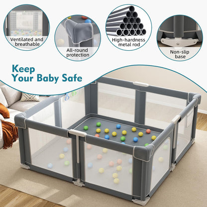 Foldable Playpen for Babies and Toddlers, 51" Portable Play Pen with Mat and Ocean Balls, Play Yard with with Visible Mesh for Inddor and Outdoor, No Assembly Required, Dark Gray