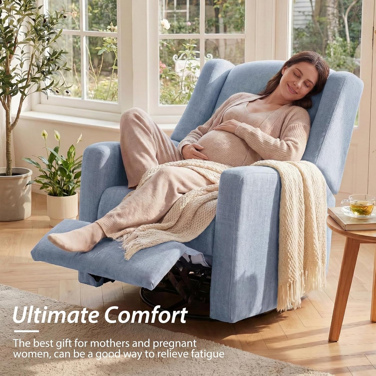 Power Glider Recliner Nursery Chair w/USB Ports, Soft Chenille Glider Rocking Chair with Ottoman, Swivel Glider Chair with Lumbar Pillow for for Nursery, Blue