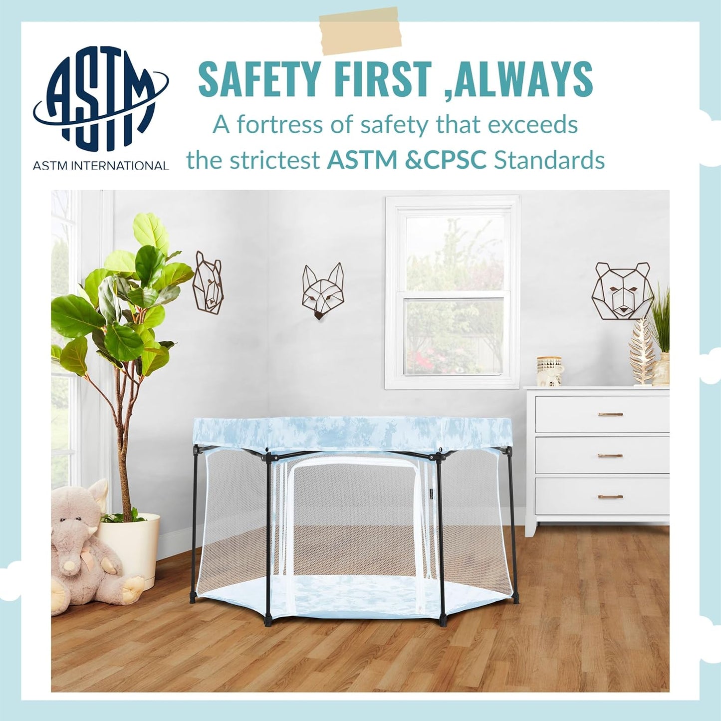 Dream On Me Onyx Baby Playpen, Zipper Access Door, Breathable Mesh Sides, Soft Comfortable Mattress Padded Floor, Easy Fold Design with Travel Carry Bag, Compact Easy to Fold Design - Sky Blue