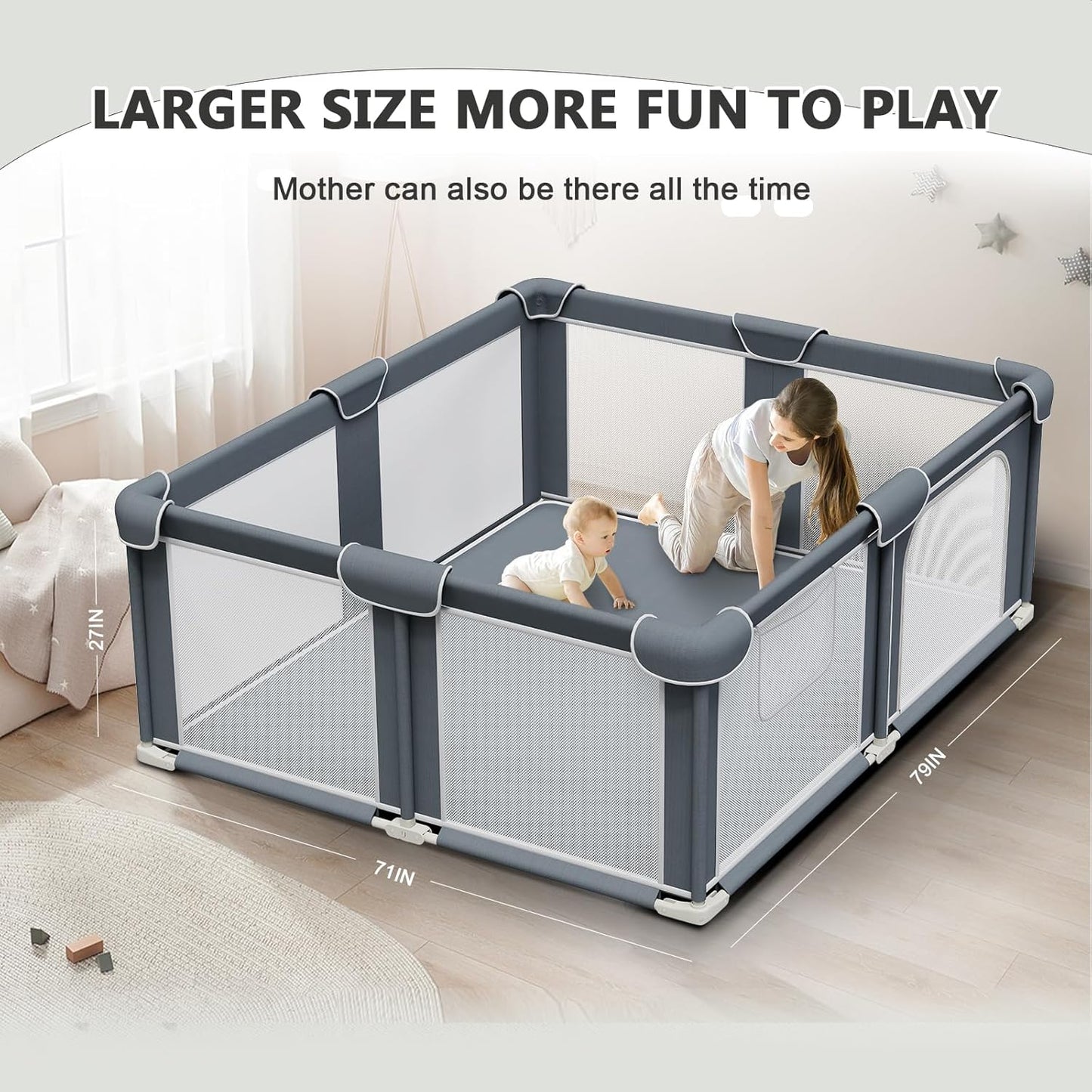 G TALECO GEAR Foldable Playpen for Babies and Toddlers, 71"x79" Portable Play Yard with Mat, Kids Collapsible Play Pen with Sturdy Metal Frame & Mesh Walls, Indoor & Outdoor Baby Fence Play Area