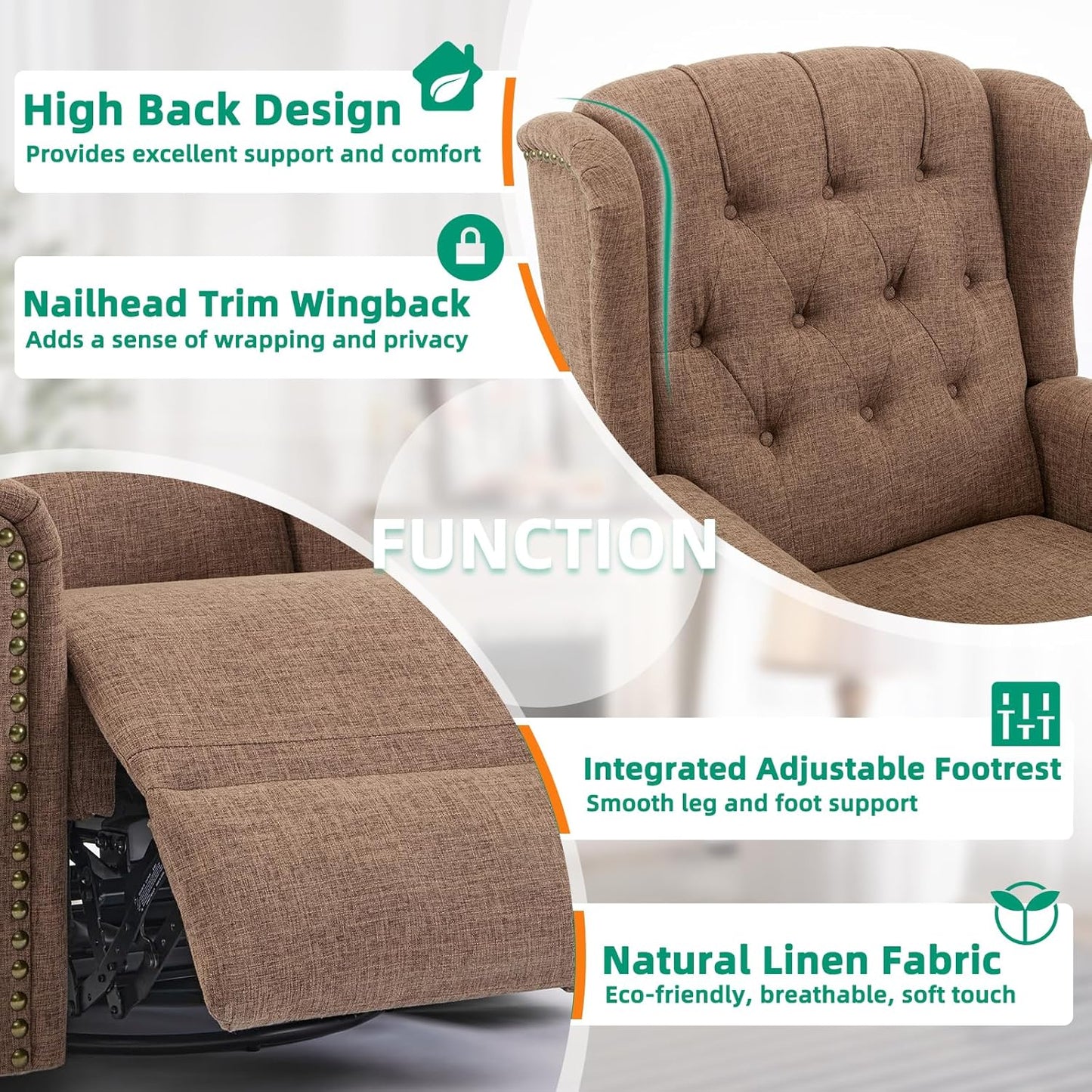 VIVIJASON Power Swivel Rocking Recliner Chair with Massage & Heat, Electric Rocker Nursery Glider Chair, Wingback Tufted Upholstered Recliner W/Type-C & USB Ports for Living Room, Bedroom, Beige