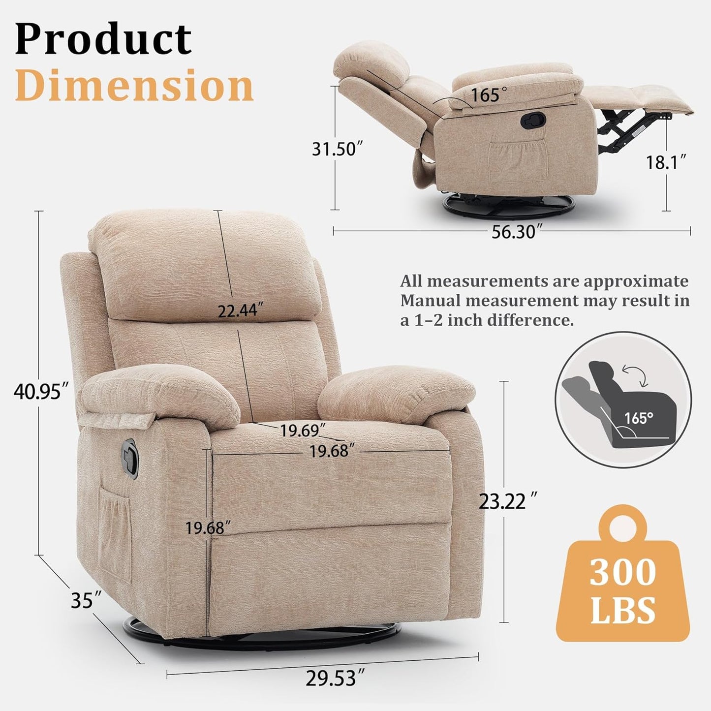 Korser Recliner Chair, 360 Swivel Rocker Chair for Adults, Small Rocking Recliner for Small Spaces, Upholstered Fabric Glider Recliner Nursery