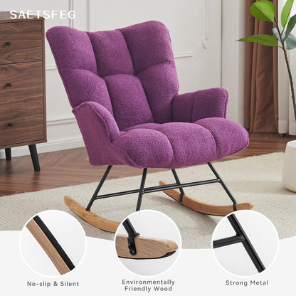SAETSFEG Rocking Chair Nursery Teddy Upholstered Glider Rocker Rocking Accent Chair Padded Seat with High Backrest Armchair Comfy Side Chair for Living Room Bedroom Offices (Grey Teddy)