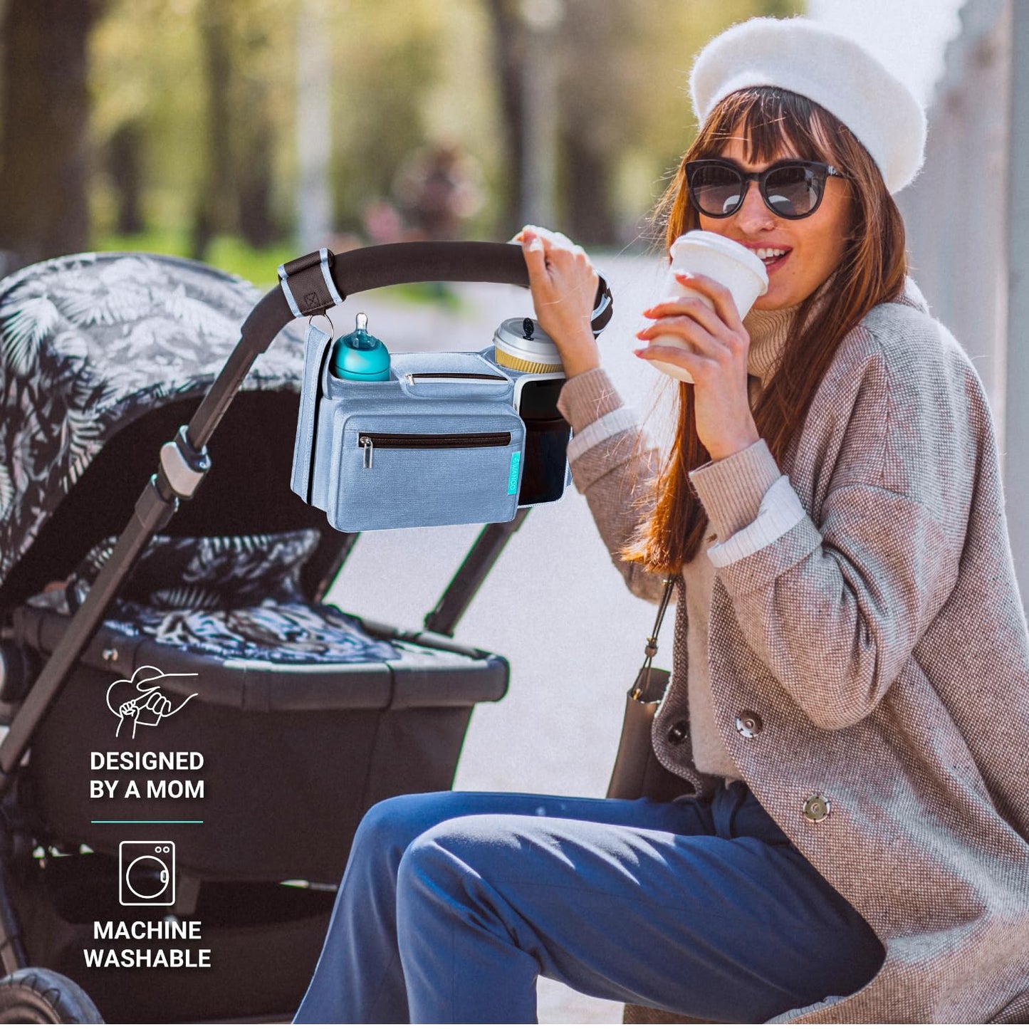 Swanoo Stroller Caddy Organizer With Cup Holder, Non Slip Straps Bag for Phone, Pet Stroller Accessories, Universal Fits Uppababby Vista v2 Wonderfold Wagon, Doona and More