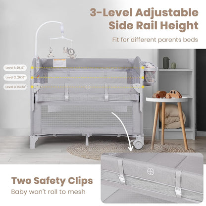 Rinnebbit Baby Bassinets Bedside Sleeper, 4 in 1 Portable Bedside Crib w/Mattress, Diaper Changer, Storage Basket, Music Box, Carry Bag, Foldable Playard Sleeper for Newborn (Light Gray)