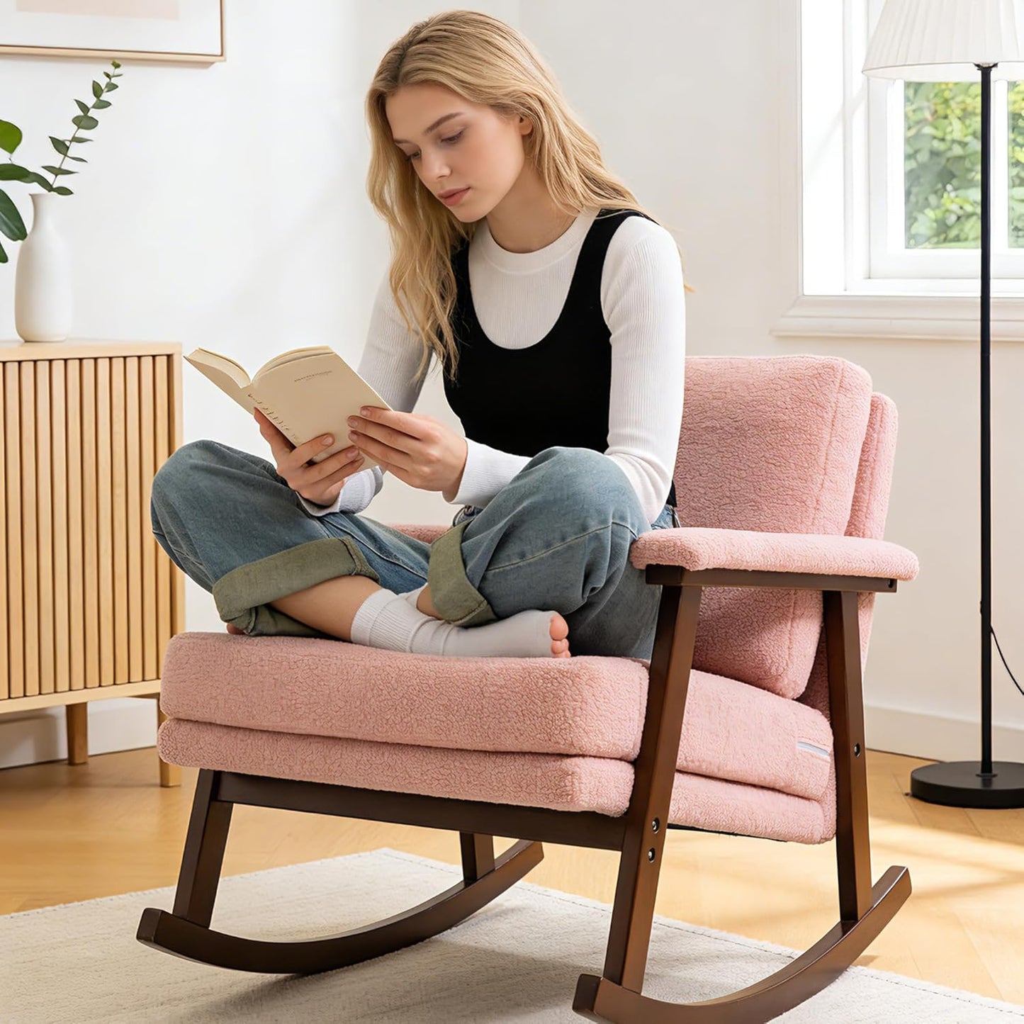 Rocking Accent Chair, Nursery Upholstered Glider Cozy Small Rocker Rocking Chair for Adult, Comfy Side Modern Arm Chair for Living Room/Bedroom/Offices/Balcony-White