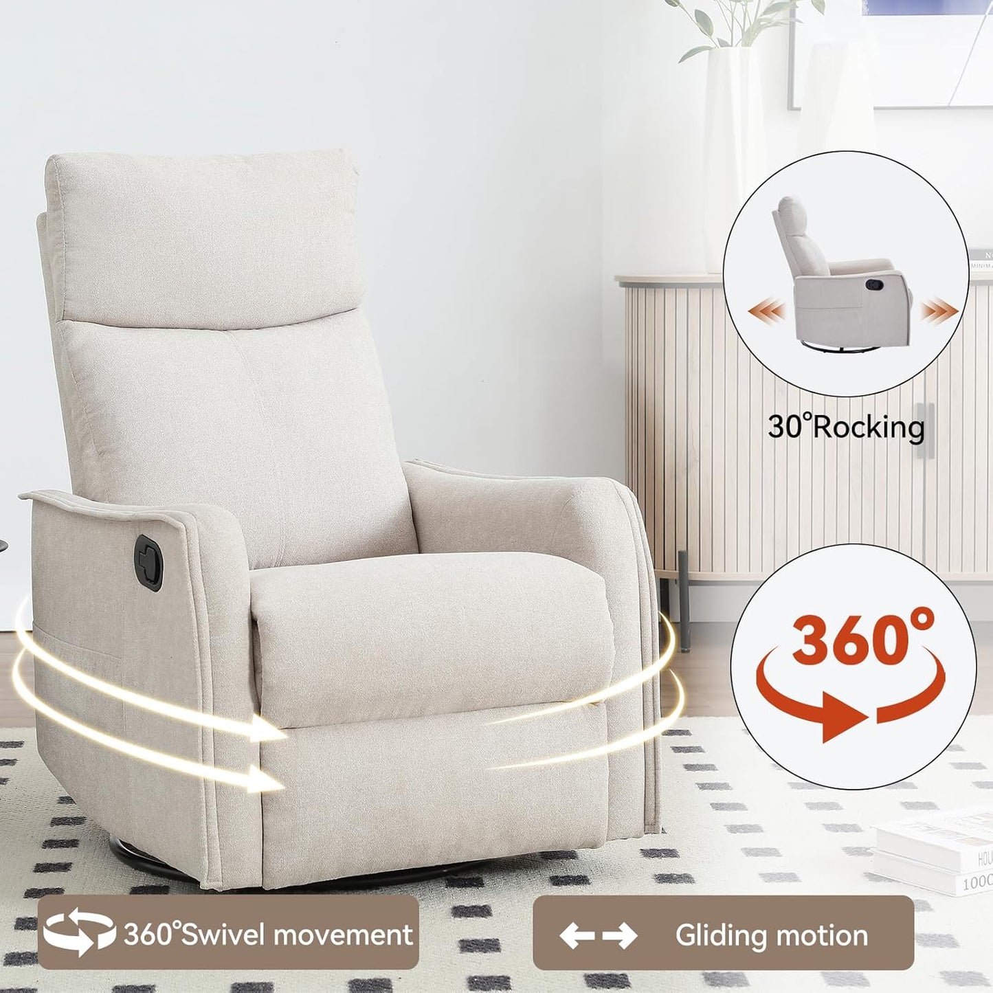 Swivel Rocker Recliner Chair for Adults, Nursery Rocking Chair with Heat and Massage, Glider Reclining Chair for Small Space Living Room Bedroom, Faux Leather Black
