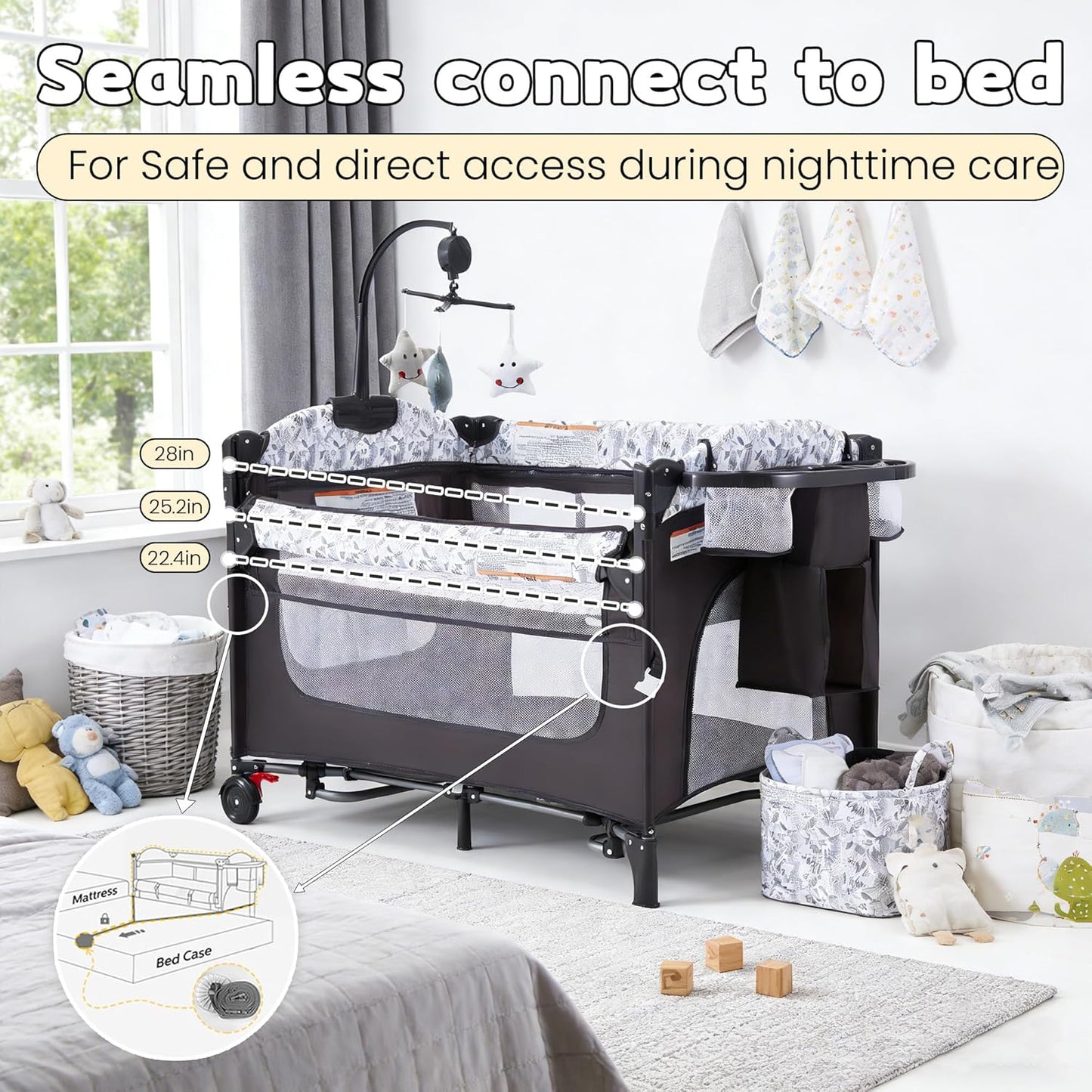 5-in-1 Baby Bassinet Bedside Sleeper with Swing Tube Converts to Cradle, Baby Crib with Mattress, Detachable Diaper Changer, Mosquito Net and Toy - Black