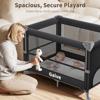 GAIVE 4 in 1 Baby Bassinet, One-Push Setup Pack and Play, Bedside Crib Sleeper with 3 Height Adjustable，Diaper Changer, Come with Comfy Mattress, Rotating Toy Bar, from Infants to Toddlers (Grey)