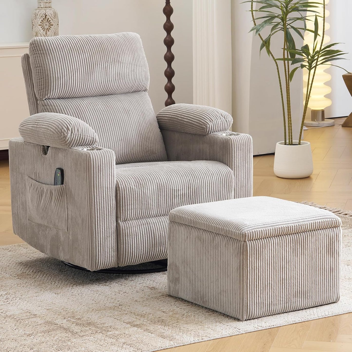 Rocking Chair Nursery with Adjustable Armrests, Electric Glider Recliner Nursing Chair for Breastfeeding, Power Swivel Recliner Chairs with Massage and Heat, Adjustable Headrest , FSC Certified, White