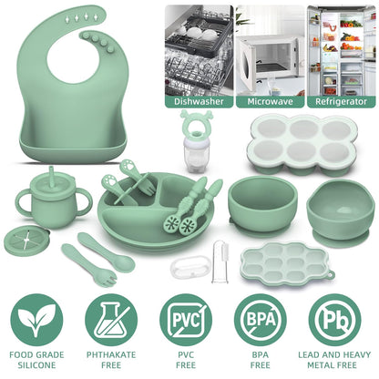 16 Pack Silicone Baby Feeding Set, BPA-Free Baby LED Weaning Supplies, Include Suction Plates, Baby Bowls, Silicone Fork & Spoon, and More, First Stage Baby Food Eating Utensils - 6+ Months(Blue, 16)