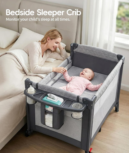 4 in 1 Baby Bassinet Bedside Crib with One-Hand Setup & Waterproof Mattress – ASTM-Certified Pack and Play, Portable Foldable Playard with Diaper Changer for Newborn to Toddler(Black)