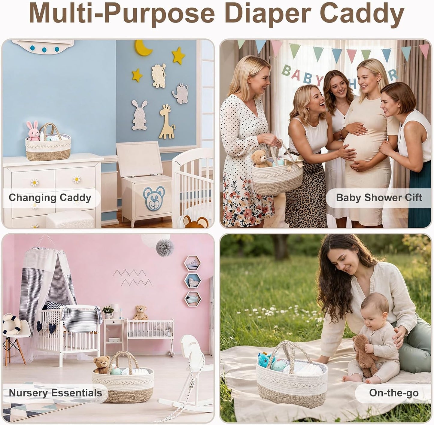 Baby Diaper Caddy Organizer, Portable Nursery Storage Basket with Changeable Compartments, 100% Cotton Woven Rope Baskets, Car & Changing Table Tote, Newborn Gift