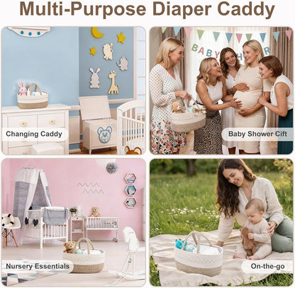 Baby Diaper Caddy Organizer, Portable Nursery Storage Basket with Changeable Compartments, 100% Cotton Woven Rope Baskets, Car & Changing Table Tote, Newborn Gift