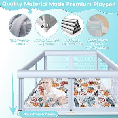 Fshibila 74" ×50" Large Baby Playpen, Baby Playard for Babies and Toddlers, Baby Fence Play Pens for Indoor & Outdoor, Sturdy Safety Play Yard with Soft Breathable Mesh, Anti-Fall, Grey