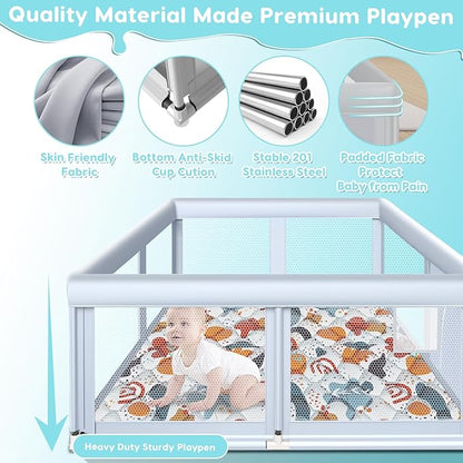 Fshibila 65" ×50" Large Baby Playpen with Mat, Baby Playard for Babies and Toddlers, Play Pens for Indoor & Outdoor, Sturdy Safety Play Yard with Soft Breathable Mesh, Anti-Fall, Grey