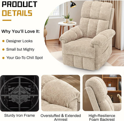 Korser Recliner Chair, Swivel Rocker Recliner Chair for Adults, Small Recliners for Small Spaces, Upholstered Manual Recliner with Side Pockets, Nursery Rocking Chair for Living Room, Chenille, Beige