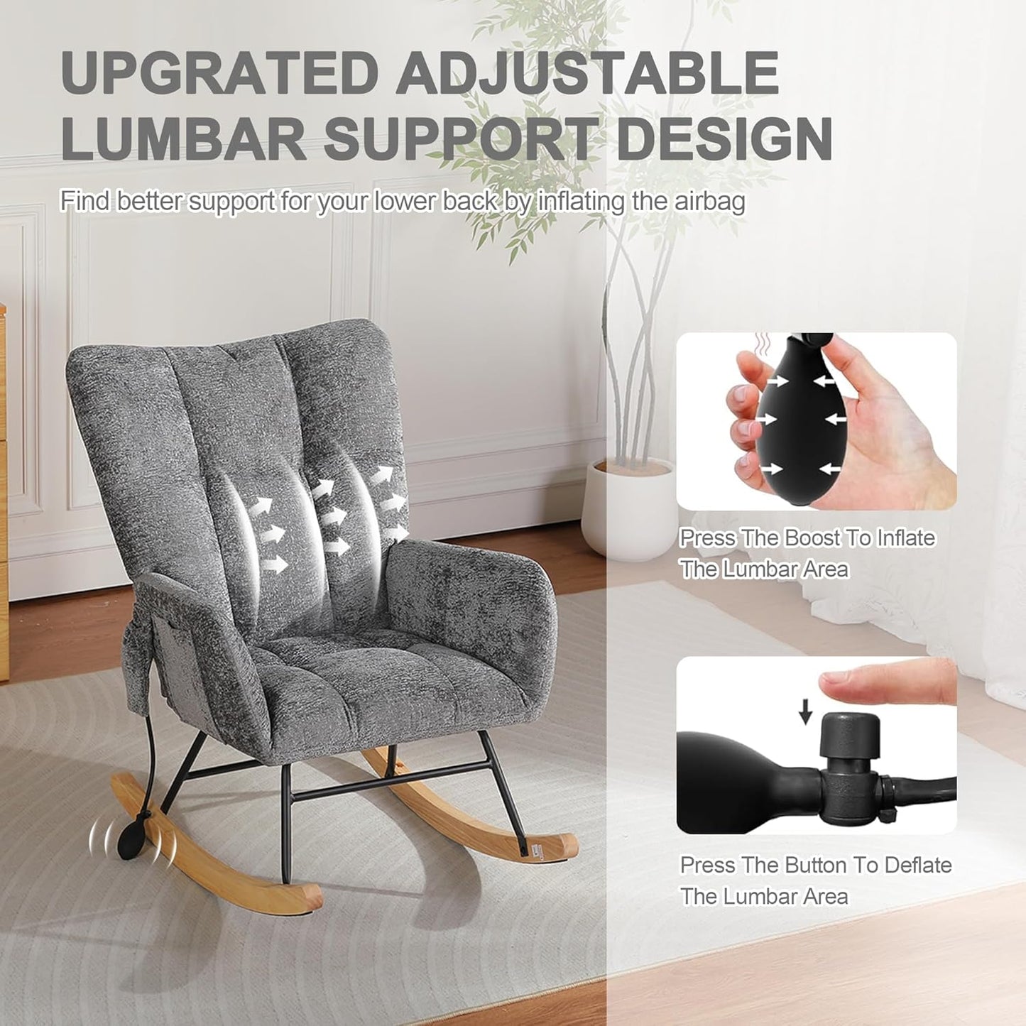 Rocking Chair Nursery with Airbag, Comfy Modern Nursery Rocking Reading Chair indoor with Footrest, Cozy Upholstered Glider Rocker Chairs for Living Room Bedroom Offices(Chenille, Dark Grey)