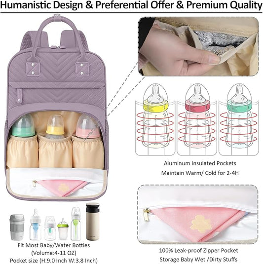 Tenot Diaper Bag Backpack for Women Large Capacity with Insulated Pockets Multifunctional Diaper Bags For Baby Girl Boy Waterproof Baby Bags For Mama Maternity Travel Bag Purple