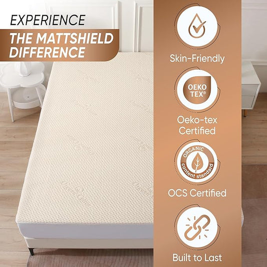 Luxury Waterproof Organic Mattress Protector Queen Size - Organic Cotton Breathable Mattress Pad Cover - Premium 380 GSM 3D Air Fabric - Deep Pocket - Jersey Cotton Skirt - Fitted Design