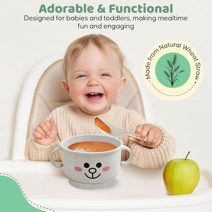 Unbreakable Bowls for Babies & Toddlers with Spoon and Lid, Eco-Friendly Wheat Straw, Stay Put Suction, BPA-Free, Microwave & Dishwasher Safe, Lightweight, No Soap Taste (Blue&White)