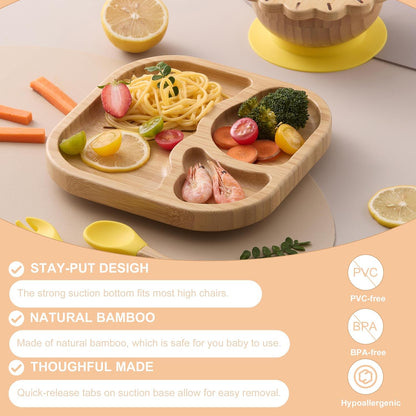 Suction Plates Bowls Set for Baby Toddler Non-Toxic Bamboo Feeding Set with Silicone Fork & Spoon (Green Feeding Set)