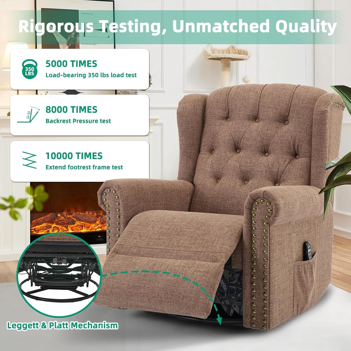 VIVIJASON Power Swivel Rocking Recliner Chair with Massage & Heat, Electric Rocker Nursery Glider Chair, Wingback Tufted Upholstered Recliner W/Type-C & USB Ports for Living Room, Bedroom, Beige