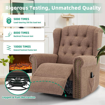 VIVIJASON Power Swivel Rocking Recliner Chair with Massage & Heat, Electric Rocker Nursery Glider Chair, Wingback Tufted Upholstered Recliner W/Type-C & USB Ports for Living Room, Bedroom, Beige