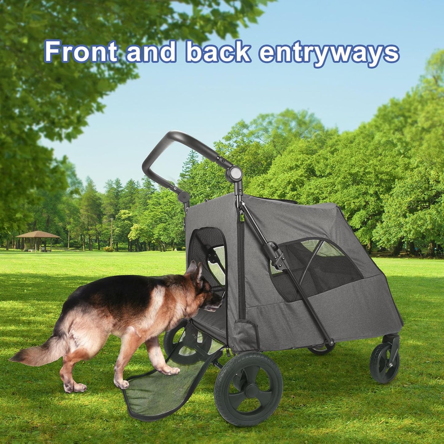 Large Dog Travel Stroller with 4 Heavy Duty Wheels Pet Stroller with Adjustable Handle - Double Doggie Capacity Jogger Wagon with Back Front Door for Small Medium Large Dogs (Dark Light Gray)
