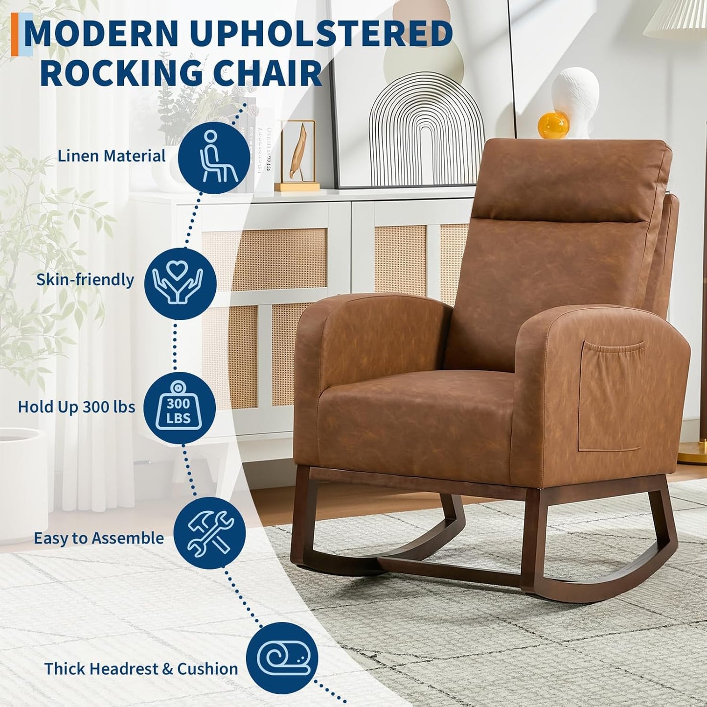 GarveeHome Rocking Chair Nursery,Glider Chair Nursery Chair with High Back and Side Pocket, Rocking Accent Armchair with Rubber Wood Legs for Living Room/Bedroom/Nursery