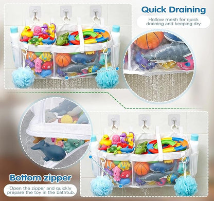 Extra Large Openings Bath Toy Organizer with 2 Compartments and Multiple Pockets, Quick-Dry Mesh Bathtub Toy Storage and Holder for Easy Access and Sorting of Toys