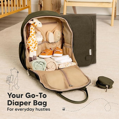 KeaBabies Diaper Bag Backpack - Multifunctional Travel Diaper Back Packs, Maternity Baby Changing Bags, Compact 18L Capacity, PU Leather, Waterproof, Unisex, Nappy Changing Pad (Dark Olive)