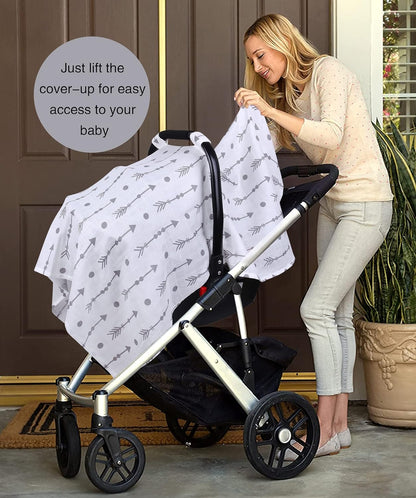 Rquite Car Seat Cover Baby for Girls Boys, 100% Muslin Cotton Infant Carseat Canopy, Soft Breathable Stroller Sun Shade & Newborn Shower Gift, Large Size Universal Fit Summer, Hot & Warm Weather