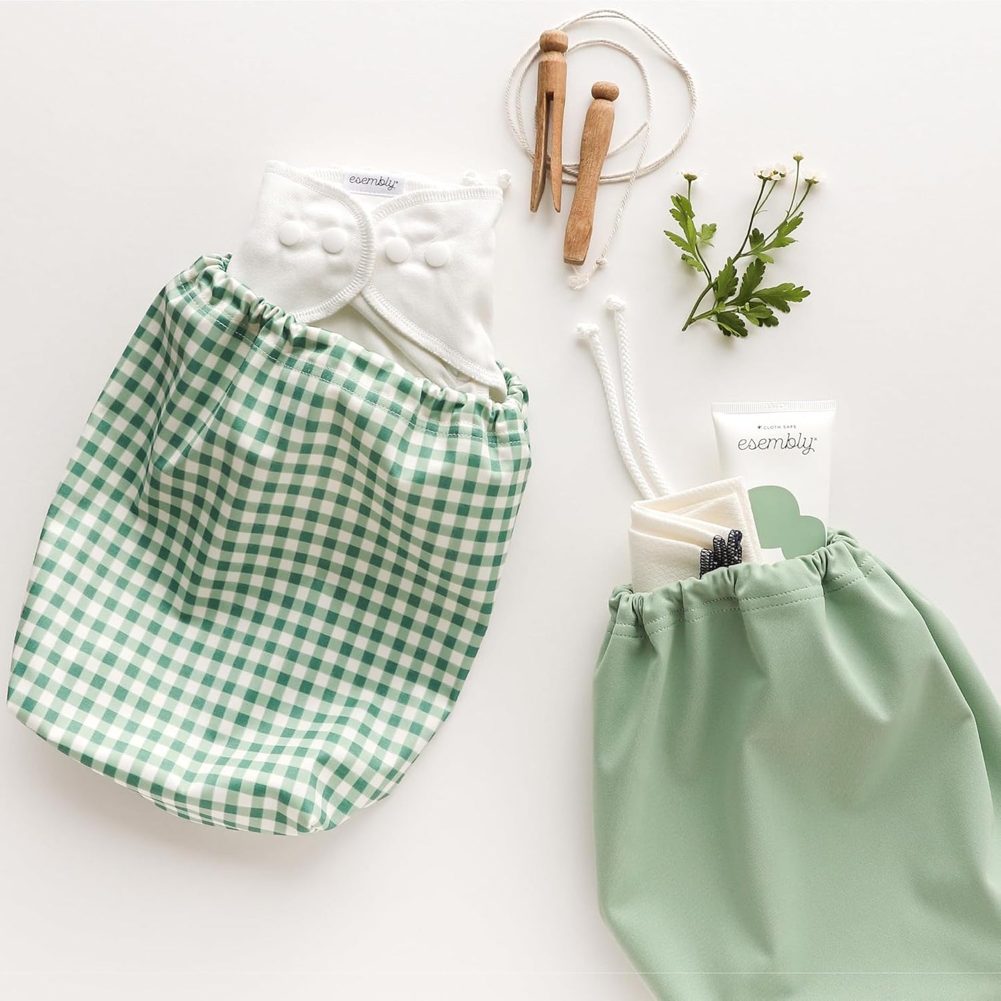 Esembly Day Bag – Reusable Wet and Dry Bag Made From Recycled Fabric With Dual Waterproof Compartments for Cloth Diapers, Swimsuits, Toiletries, and Snacks - Verdant Gingham
