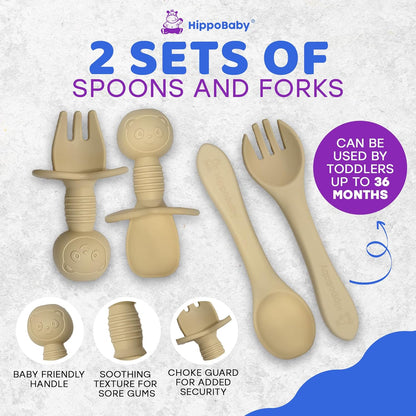 HippoBaby Baby Led Weaning Supplies | 10 Piece Silicone Baby Feeding Set | Baby Toddler Bib Cup Divided Plate and Bowl Self Feeding Spoons Dish Set | Baby Utensils | Toddler Feeding Supplies (Sky)