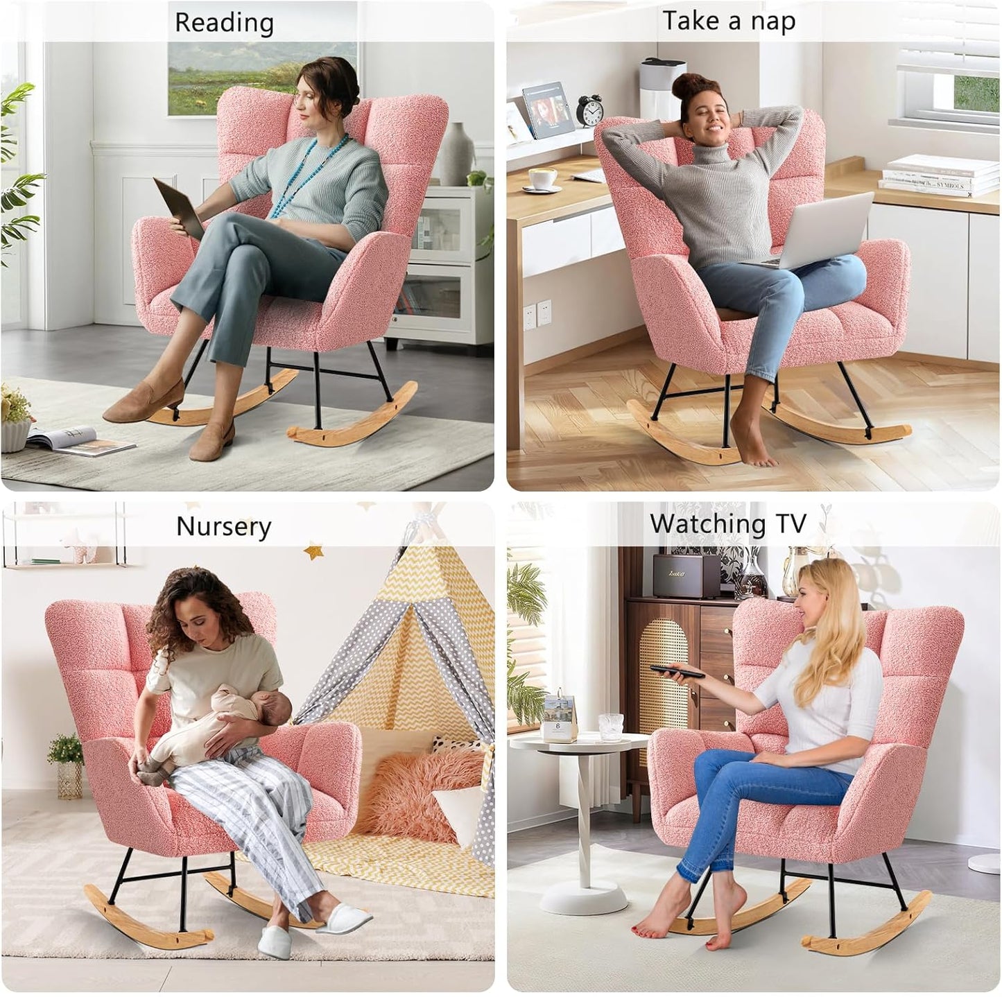 Furniliving Nursery Rocking Chair Upholstered Glider Rocking Chair Modern Accent Chair Padded Seat Reading Chair with High Backrest Comfy Chair for Living Room, Bedroom, Nursery, Black, Teddy
