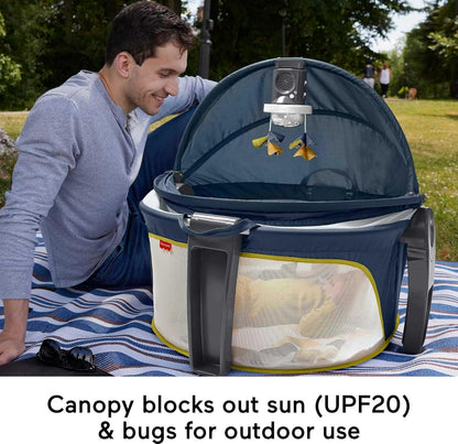 Fisher-Price Portable Baby Bassinet and Play Space Deluxe On-the-Go Projection Dome with Lights Music and Canopy, Cool Hues