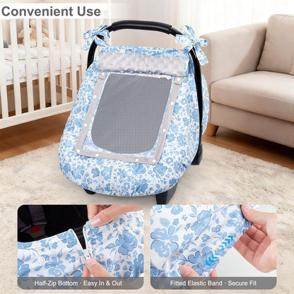 FIOBEE Baby Car Seat Cover, Car Seat Covers for Babies Infant Car Seat Canopy with Breathable Mesh Window Waterproof Carseat Cover for Babies Boy Girl 4 Seasons, White/Cow