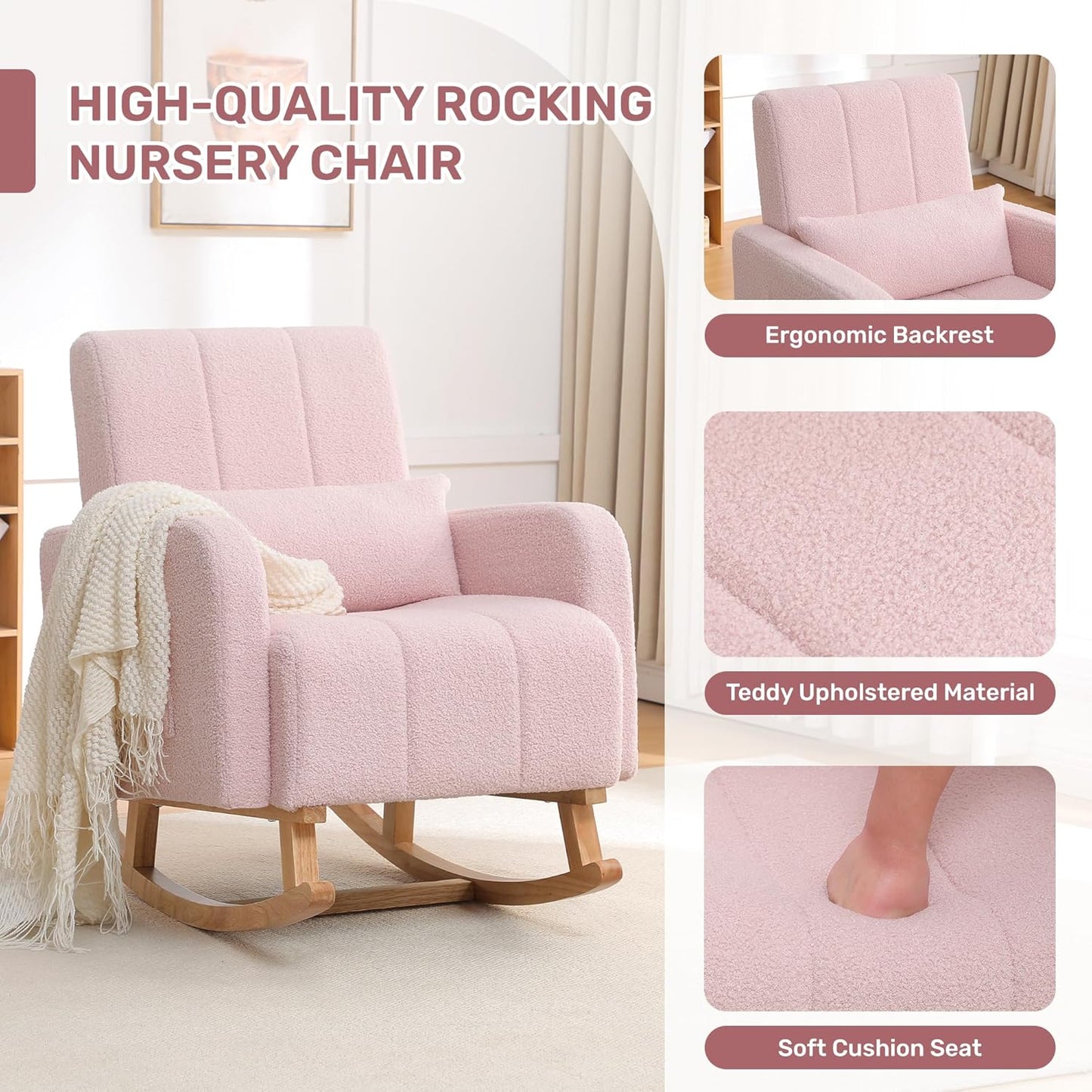 HCHAIRH Nursery Rocking Chair with Ottoman, Upholstered Glider Rocker with High Backrest Side Pocket, Rocking Accent Armchair with Solid Wood Legs for Nursery, Living Room, Bedroom, Light Grey