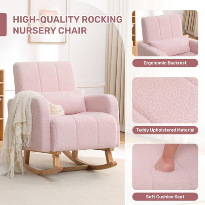 HCHAIRH Nursery Rocking Chair with Ottoman, Upholstered Glider Rocker with High Backrest Side Pocket, Rocking Accent Armchair with Solid Wood Legs for Nursery, Living Room, Bedroom, Light Grey