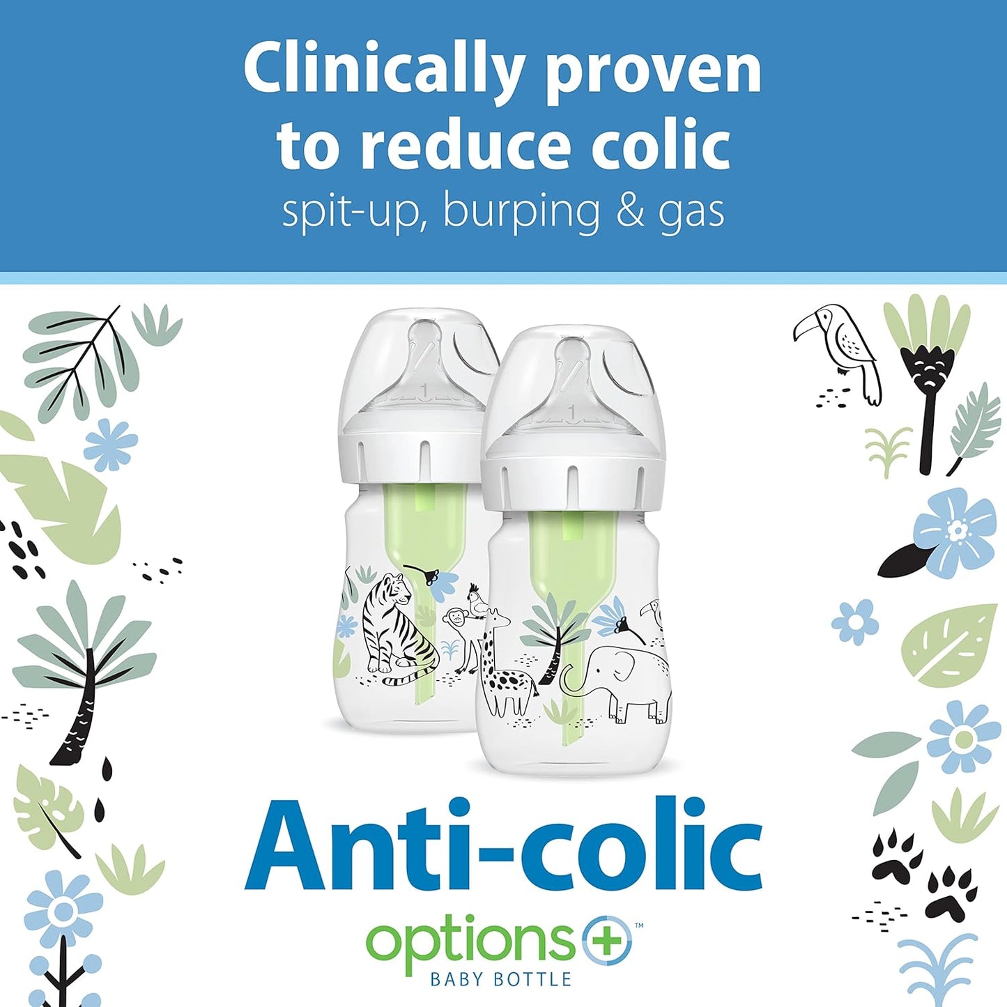 Dr. Brown's Anti-Colic Options + Wide-Neck Baby Bottle Designer Edition Dino Decos, 9oz/270mL, Level 1 Slow Flow Nipple, BPA-Free, 0m+, 2-Pack
