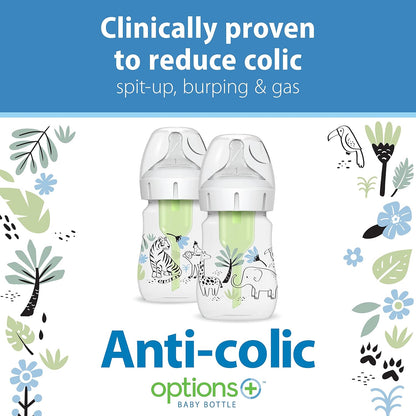 Dr. Brown's Anti-Colic Options + Wide-Neck Baby Bottle Designer Edition Dino Decos, 9oz/270mL, Level 1 Slow Flow Nipple, BPA-Free, 0m+, 2-Pack