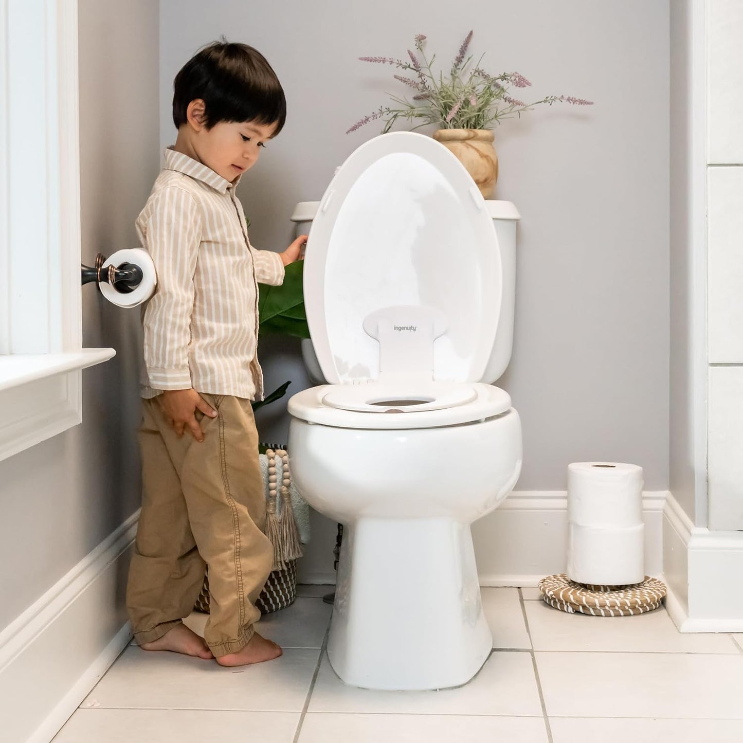 Ingenuity Ready Set Go Potty Training Toilet, Removable Bowl, Non-Skid Bottom, Wide Stable Base, Age 18 Months & Up, White & Grey