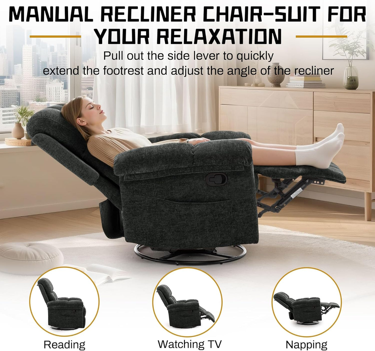 Korser Recliner Chair, Swivel Rocker Recliner Chair for Adults, Small Recliners for Small Spaces, Upholstered Manual Recliner with Side Pockets, Nursery Rocking Chair for Living Room, Chenille, Beige