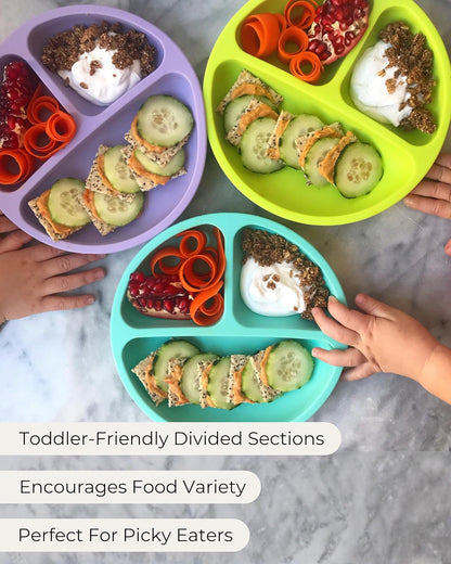 Hippypotamus Toddler Plates with Suction - 100% Food-Grade Silicone Baby Plates with Lids - Microwave & Dishwasher Safe - BPA Free - Set of 3 (Pink/Mint/Lavender with LIDS)