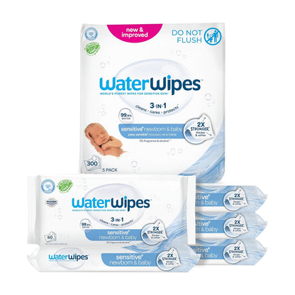 WaterWipes Sensitive+ Newborn & Baby Wipes, 3-In-1 Cleans, Cares, Protects, 99.9% Water, Unscented & Hypoallergenic, 720 Count (12 Packs)
