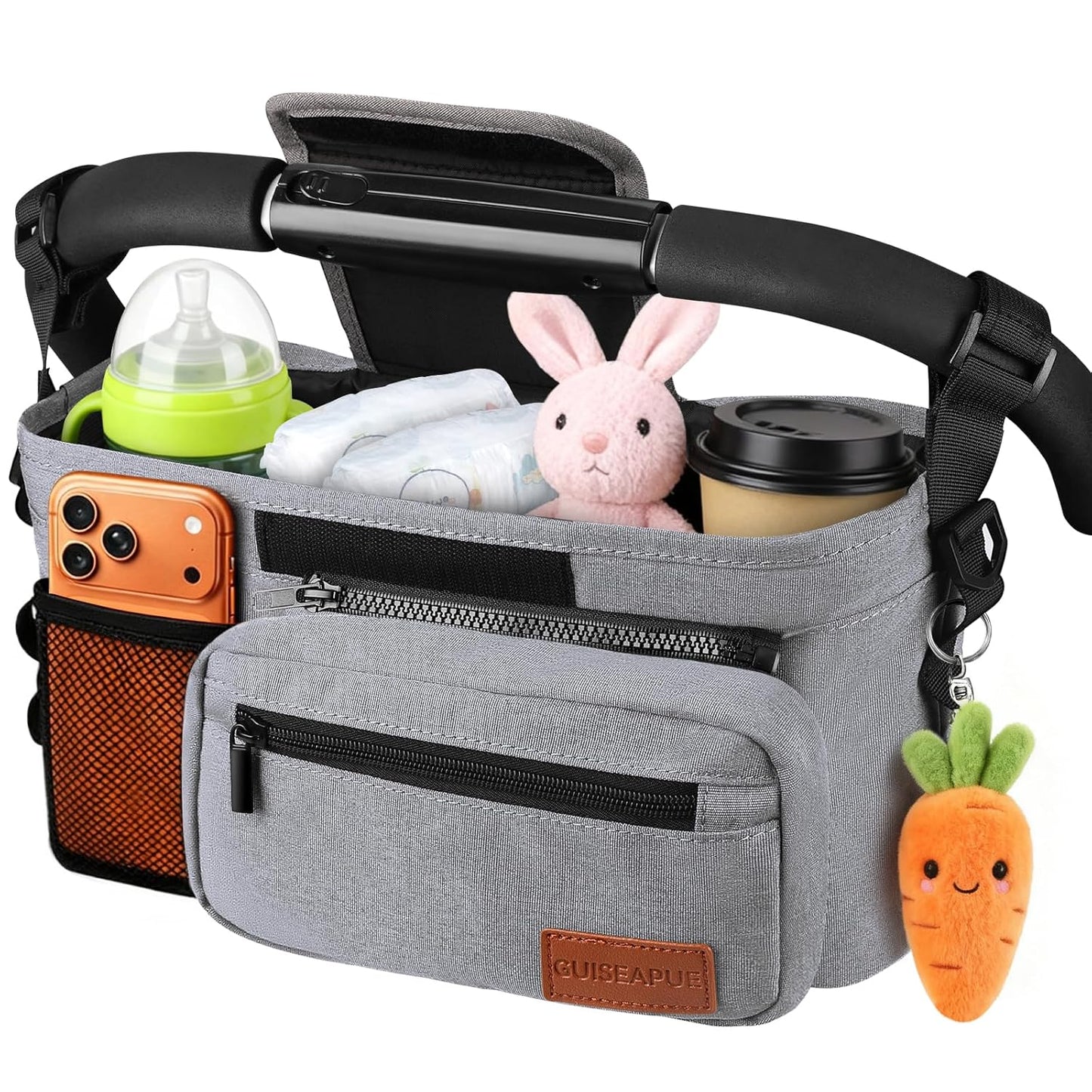 Guiseapue Universal Stroller Organizer with Cup Holder: Stroller Caddy Accessories with Detachable Phone Bag Fit for Uppababy, Non-Slip Straps, Walker Accessories, First Mothers Day Gifts for New Mom