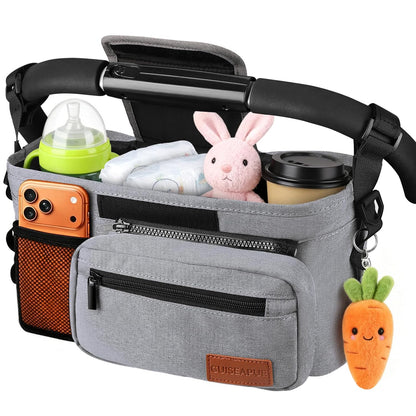 Guiseapue Universal Stroller Organizer with Cup Holder: Stroller Caddy Accessories with Detachable Phone Bag Fit for Uppababy, Non-Slip Straps, Walker Accessories, First Mothers Day Gifts for New Mom