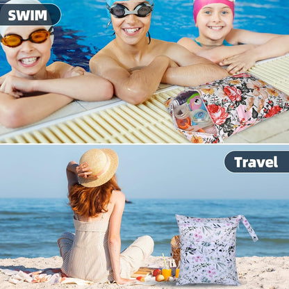 Wet Dry Bags 2-Pack with Cute Dolphin Print - Waterproof Travel Organizer for Swimming Pool Beach Gym Baby Cloth Diapers Swimwear with Dual Zippers