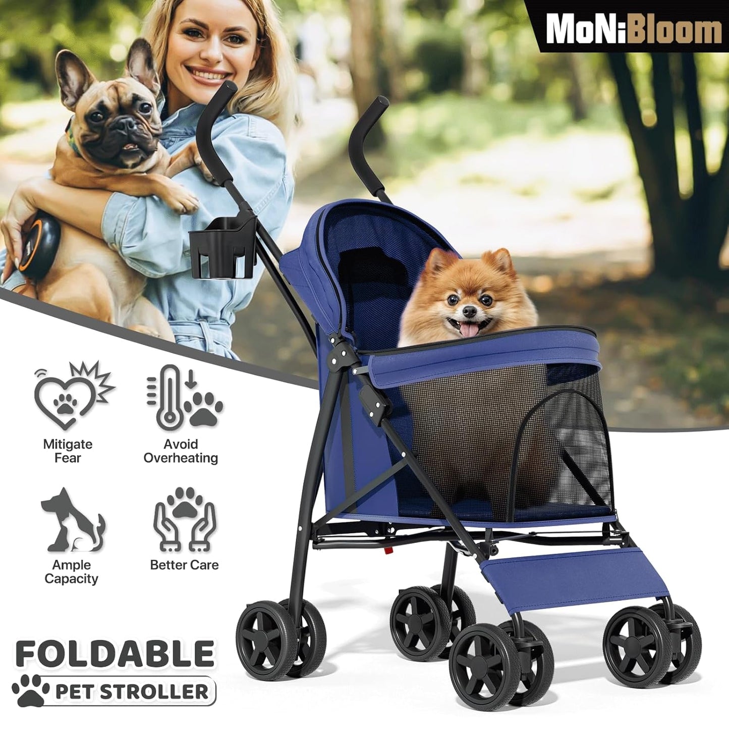 MoNiBloom 4 Wheels Pet Stroller, Easy-Fold Puppy Cage Jogger Stroller with Sun Cover, Pad and Rear Storage Bag, Breathable and Visible Mesh for Small/Medium Pets up to 22 lbs, Black